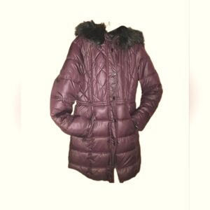 Apt. 9 Long Puffer Coat Full Zip Faux Fur Hood Women's Size M Burgundy